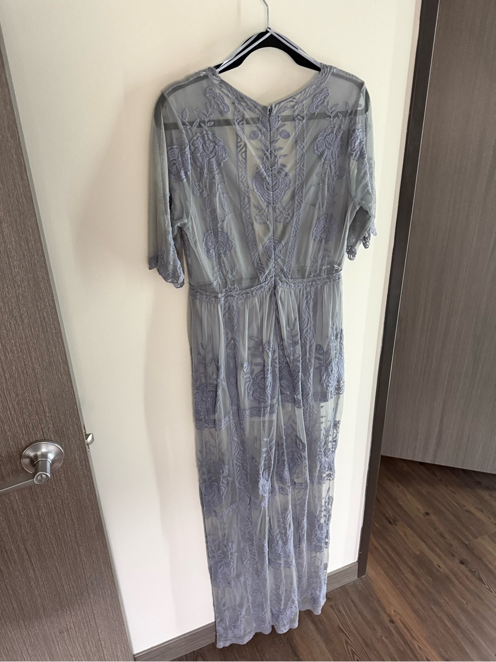 Light Dusty Blue Lace Overlay Maxi Dress with Deep V - Picture 2 of 5
